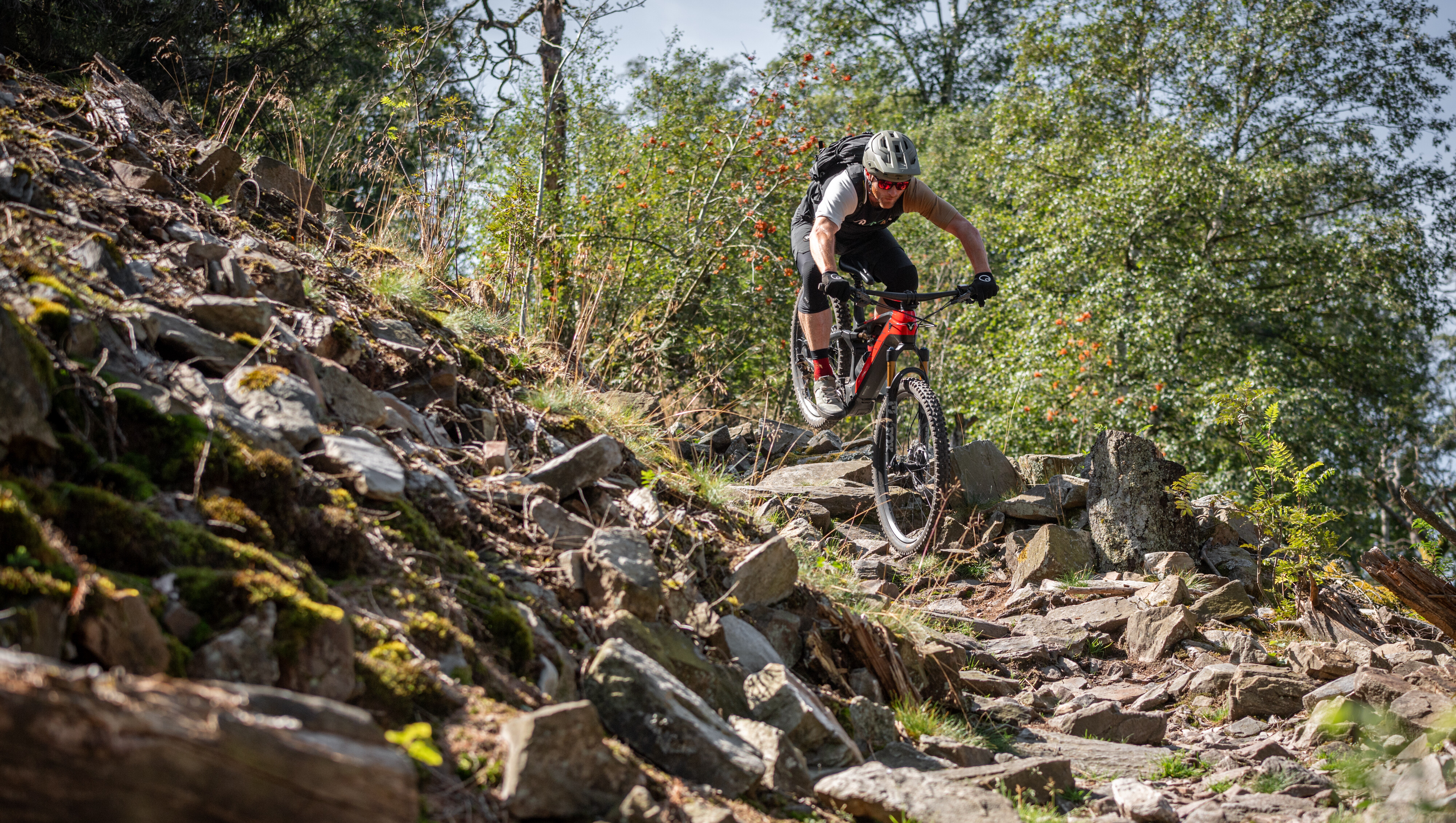 Ein Mountainbiker fährt einen steinigen, steilen Trail im Wald hinab.