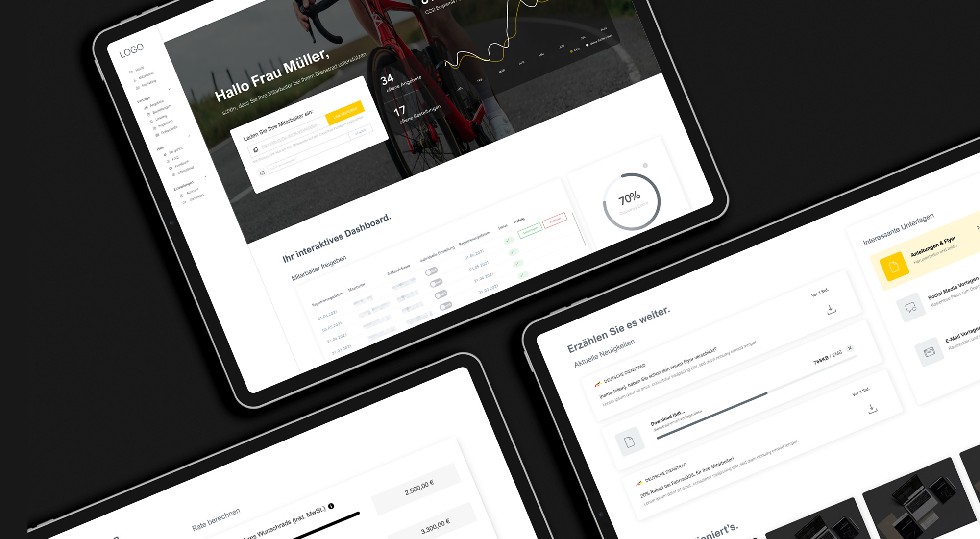 Das Bild zeigt drei Tablets, die auf einer schwarzen Oberfläche liegen. Auf den Bildschirmen der Tablets sind Benutzeroberflächen einer App oder Webseite sichtbar, die Informationen zu Diensträdern, Angebote und Dashboards darstellen.