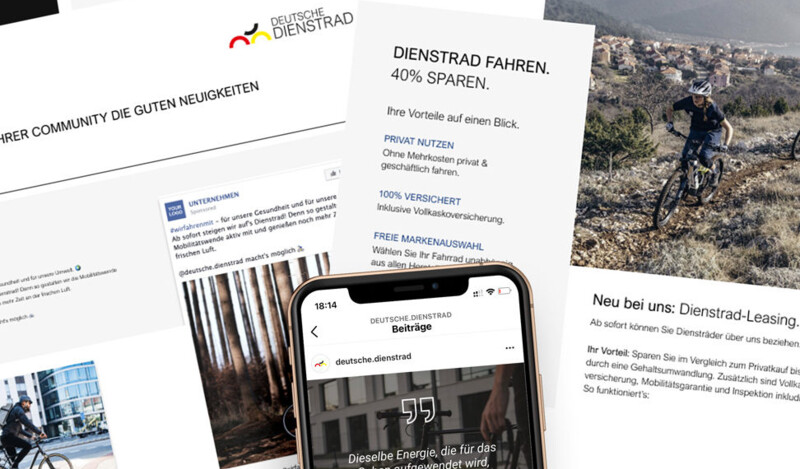 Collage von Deutsche-Dienstrad-Werbematerial, das Vorteile wie 40% Ersparnis, private Nutzung und Versicherung beim Dienstrad-Leasing hervorhebt.