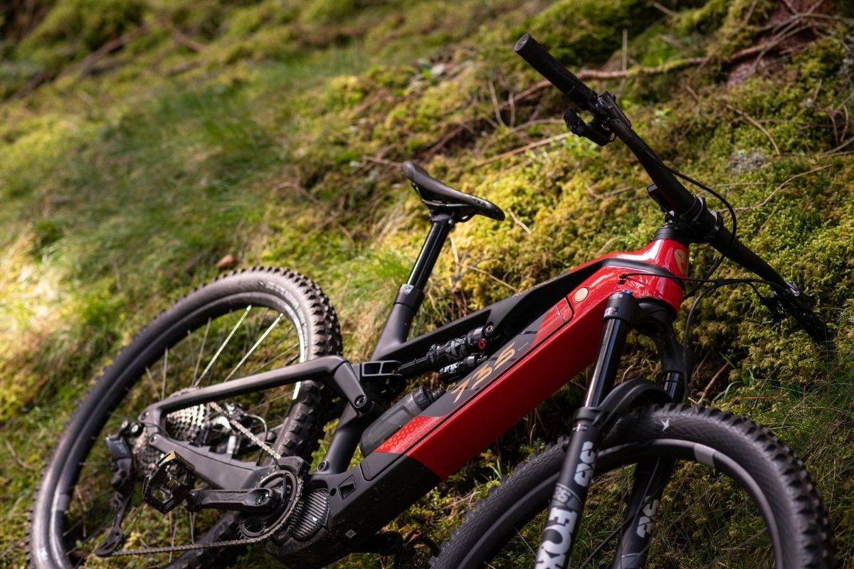 Ein modernes E-Mountainbike mit rotem Rahmen liegt auf moosigem Waldboden.