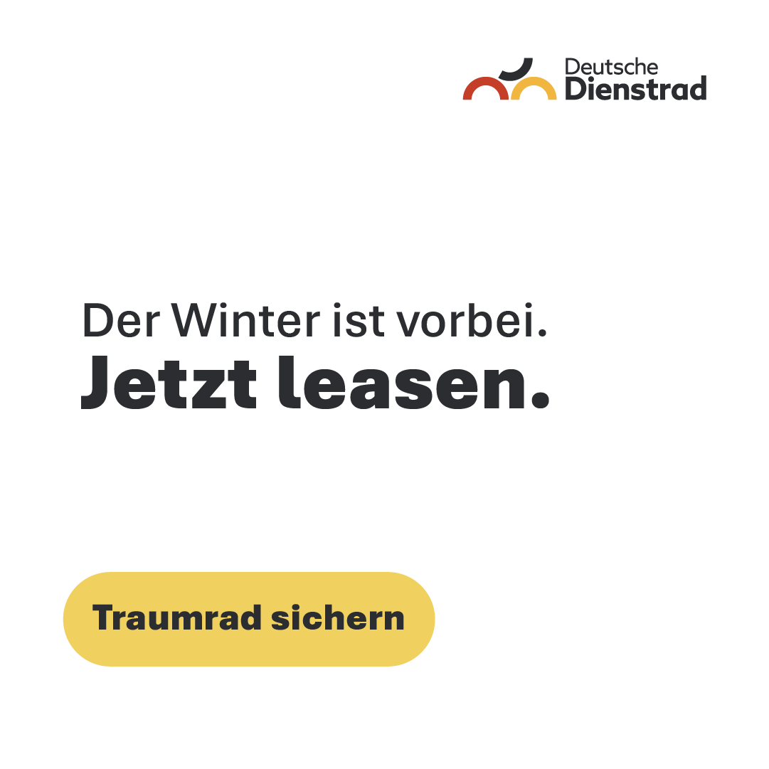 Minimalistische „Deutsche Dienstrad“-Werbegrafik mit dem Text „Der Winter ist vorbei. Jetzt leasen.“ und einem gelben Button „Traumrad sichern“.